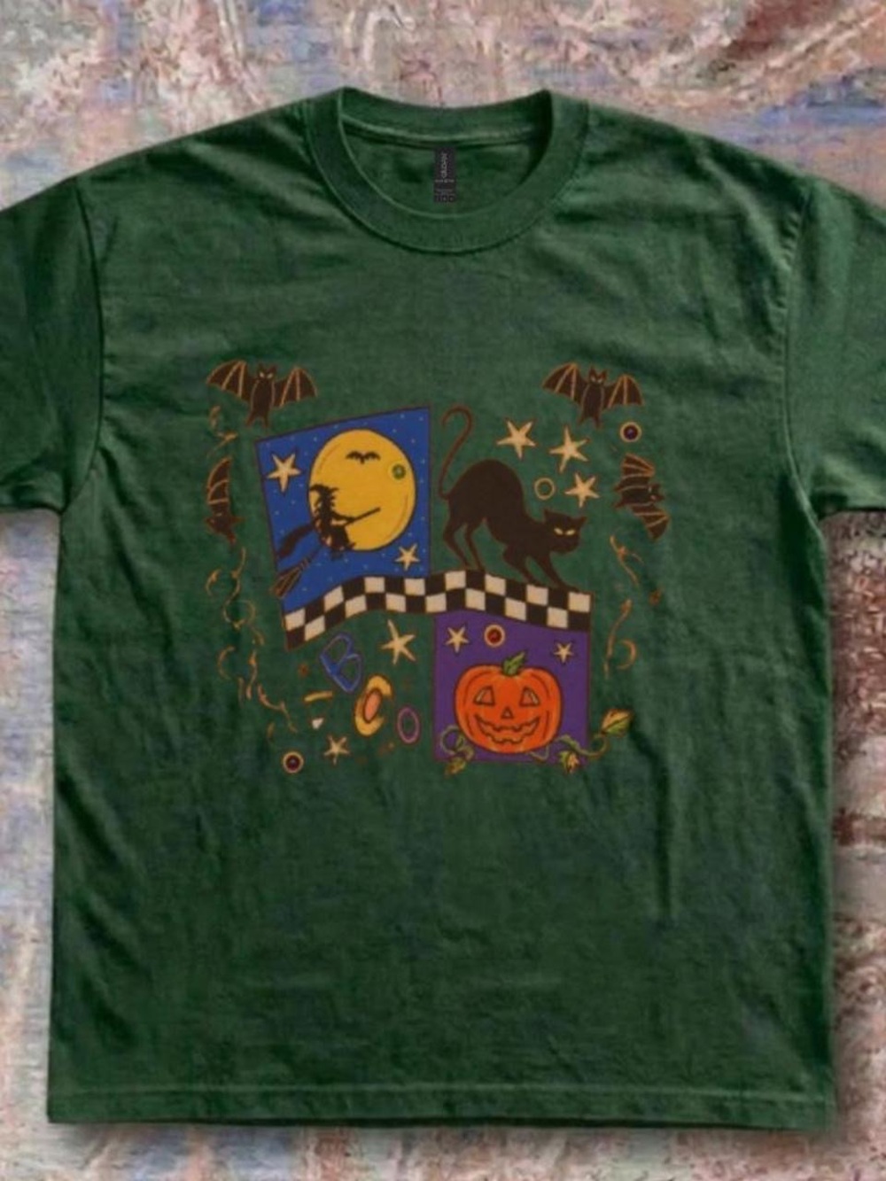 Gildan Dark Green Halloween Graphic Tee with Black Cat & Pumpkin